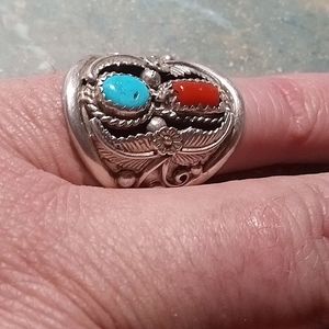 Vintage HOPI Lewis Quiyo .925 Sterling, Turquoise, & Deep Red Coral Ring. 11.5
